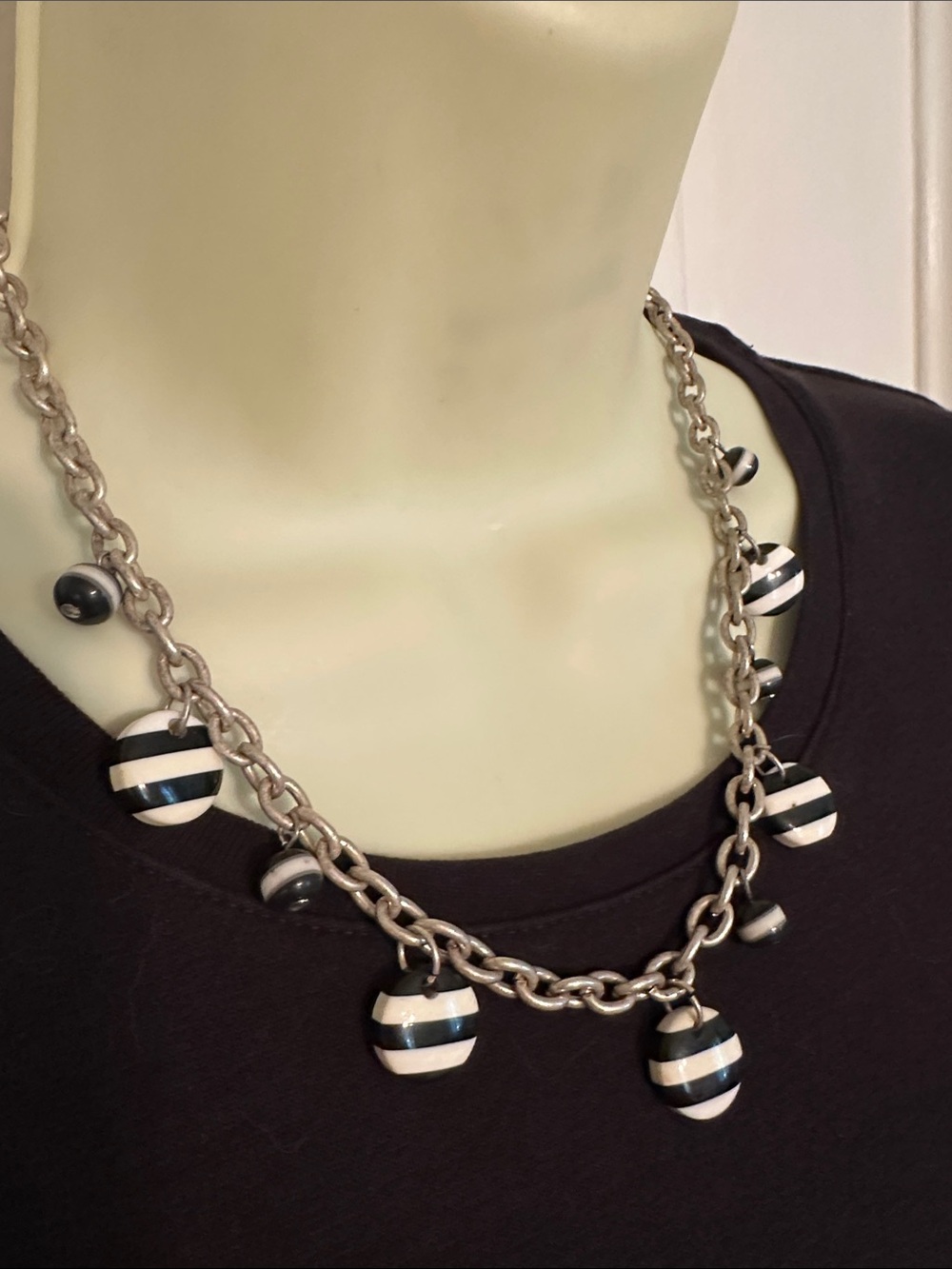 Striped Black & White Bead Silver Chain Necklace